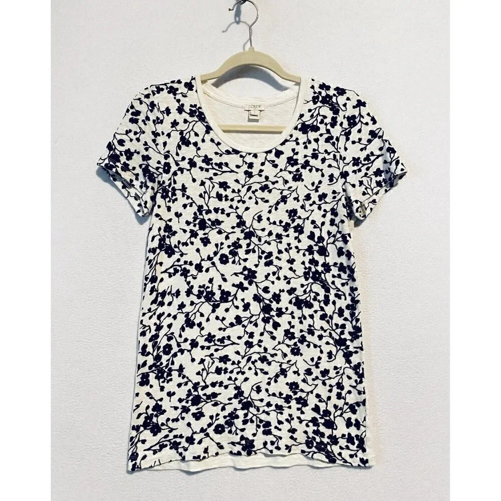 J Crew Top Womens Small Black Velvet Floral Vine Short Sleeve Ivory Slub Knit